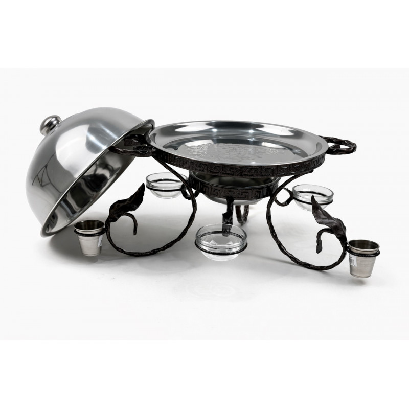 Садж для подачи (подогрева) шашлыка 28 см. с соусницами и рюмками + крышка "ГРЕЦИЯ"