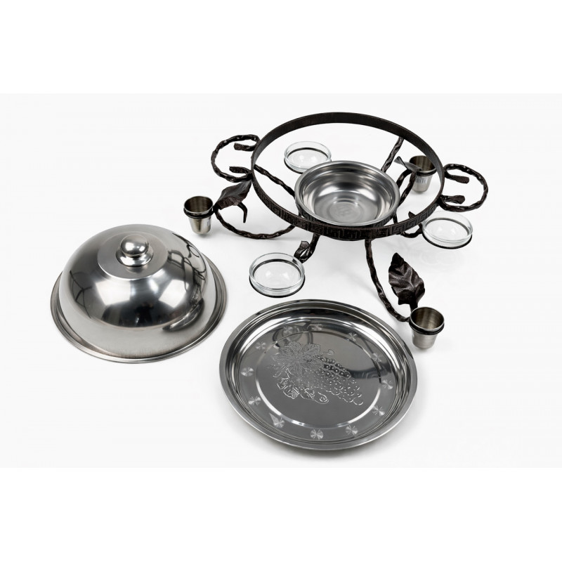 Садж для подачи (подогрева) шашлыка 28 см. с соусницами и рюмками + крышка "ГРЕЦИЯ"