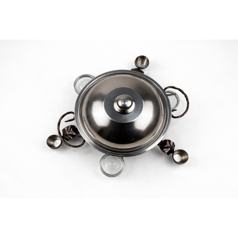 Садж для подачи (подогрева) шашлыка 28 см. с соусницами и рюмками + крышка "ГРЕЦИЯ"