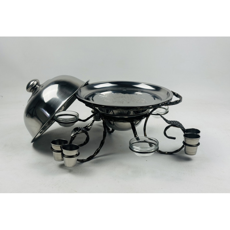 Садж для подачі (підігріву) шашлику 28 см. з соусницами і чарками + кришка, посилений