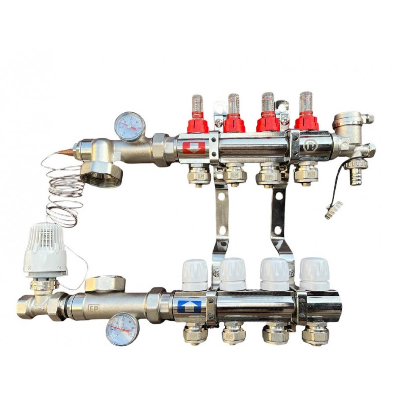 Колектор для теплої підлоги в складі на 4 контури латунний "EUROPRODUCT"