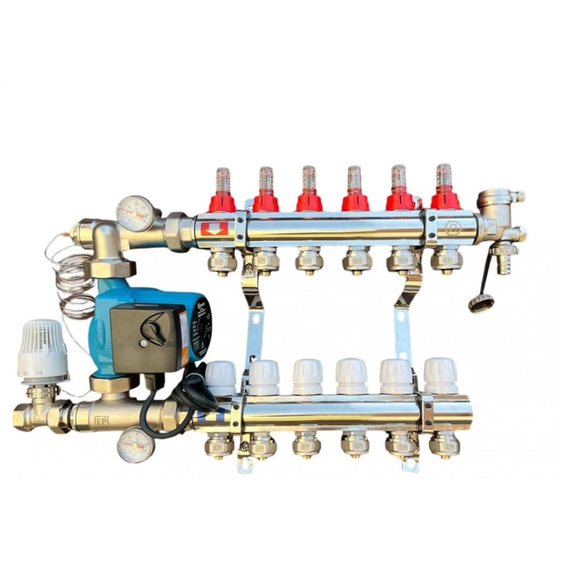 Колектор для теплої підлоги в складі на 6 контурів із насосом латунний "EUROPRODUCT"