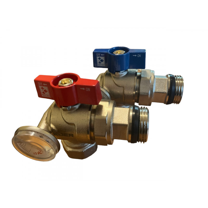Кутовий кран з американкою 1' і термометром, (комплект -2шт "RED" + "BLUE") "Koer" Чехія