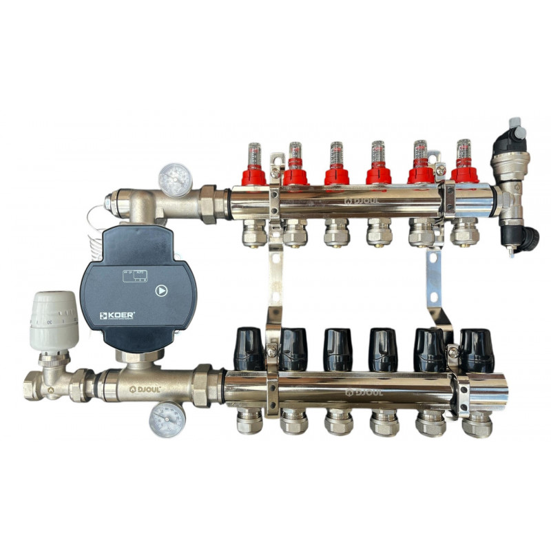 Колектор для теплої підлоги в зборі на 6 контурів, латунний (без насоса) "DJOUL" Турція