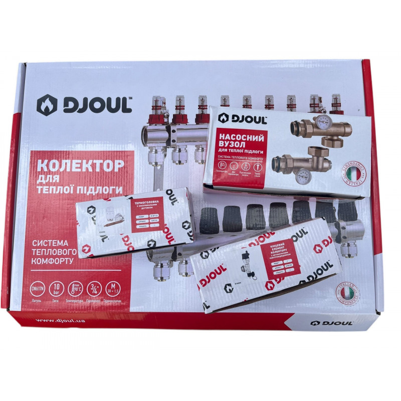 Колектор для теплої підлоги в складі на 10 контурів, латунний (без насоса) «DJOUL» Туреччина
