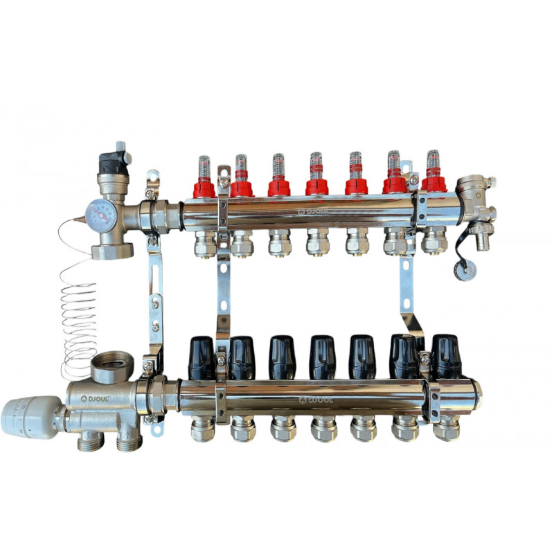 Колектор для теплої підлоги в зборі на 7 контурів з вузлом нижнього підключення (латунний), «DJOUL» Туреччина