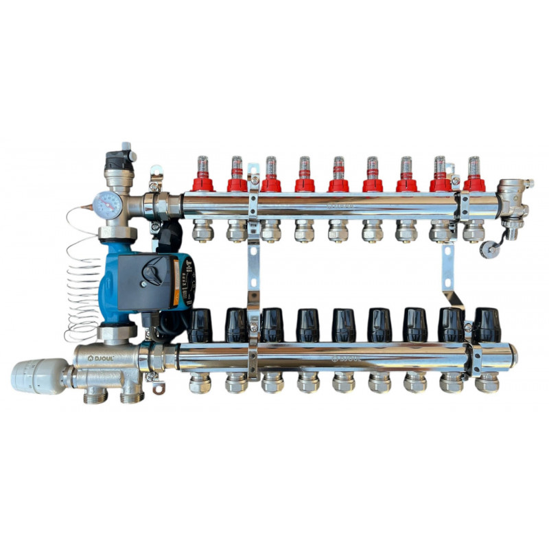 Колектор для теплої підлоги в зборі на 9 контурів з вузлом нижнього підключення (латунний), «DJOUL» Туреччина