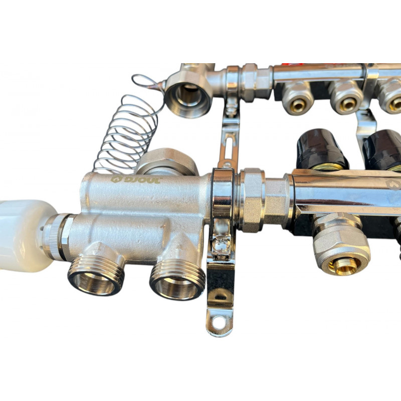 Колектор для теплої підлоги в зборі на 9 контурів з вузлом нижнього підключення (латунний), «DJOUL» Туреччина