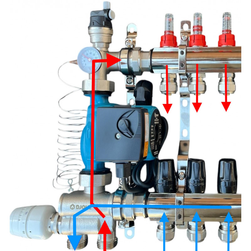 Колектор для теплої підлоги в зборі на 7 контурів з вузлом нижнього підключення (латунний), «DJOUL» Туреччина