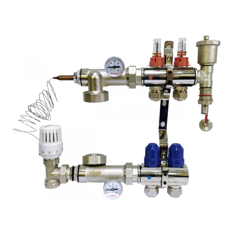 Колектор для теплої підлоги в зборі на 2 контури (латунний) "KOER" Чехія