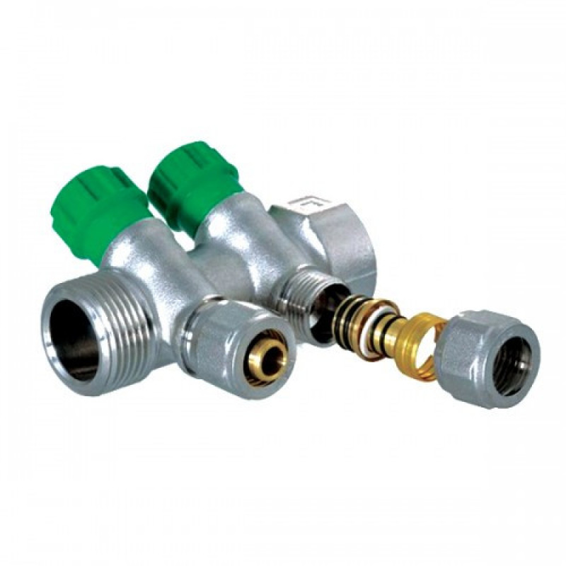 Колектор латунний вентильний 1" на 2 виходи KR (Чехія) з фітингом під трубу 16 мм