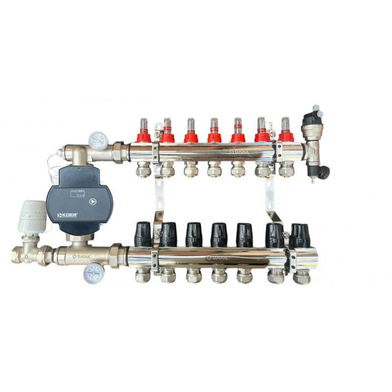 Колектор для теплої підлоги в зборі на 7 контурів, латунний (без насоса) "DJOUL" Турція