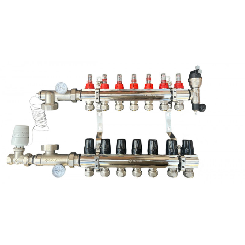 Колектор для теплої підлоги в зборі на 7 контурів, латунний (без насоса) "DJOUL" Турція