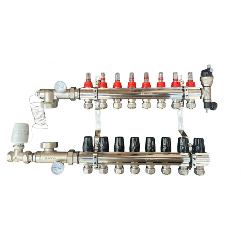 Колектор для теплої підлоги в зібраному вигляді на 8 контурів, латунний (без насоса) «DJOUL» Туреччина