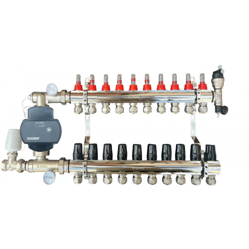 Колектор для теплої підлоги в складі на 10 контурів, латунний (без насоса) «DJOUL» Туреччина