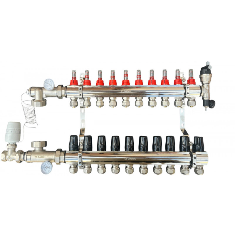 Колектор для теплої підлоги в складі на 10 контурів, латунний (без насоса) «DJOUL» Туреччина