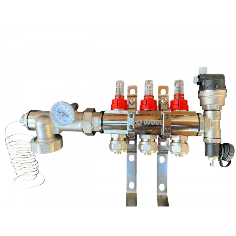 Колектор для теплої підлоги в зборі на 3 контури (латунний) КОМПЛЕКТ, «DJOUL» Туреччина