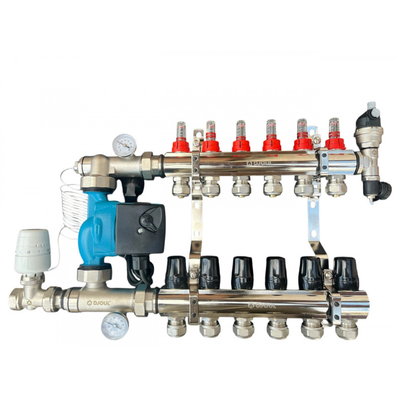 Колектор для теплої підлоги в зборі на 6 контурів (латунний) КОМПЛЕКТ, «DJOUL» Туреччина