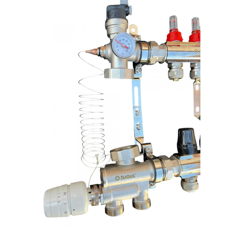 Колектор для теплої підлоги в зборі на 7 контурів з вузлом нижнього підключення (латунний), «DJOUL» Туреччина