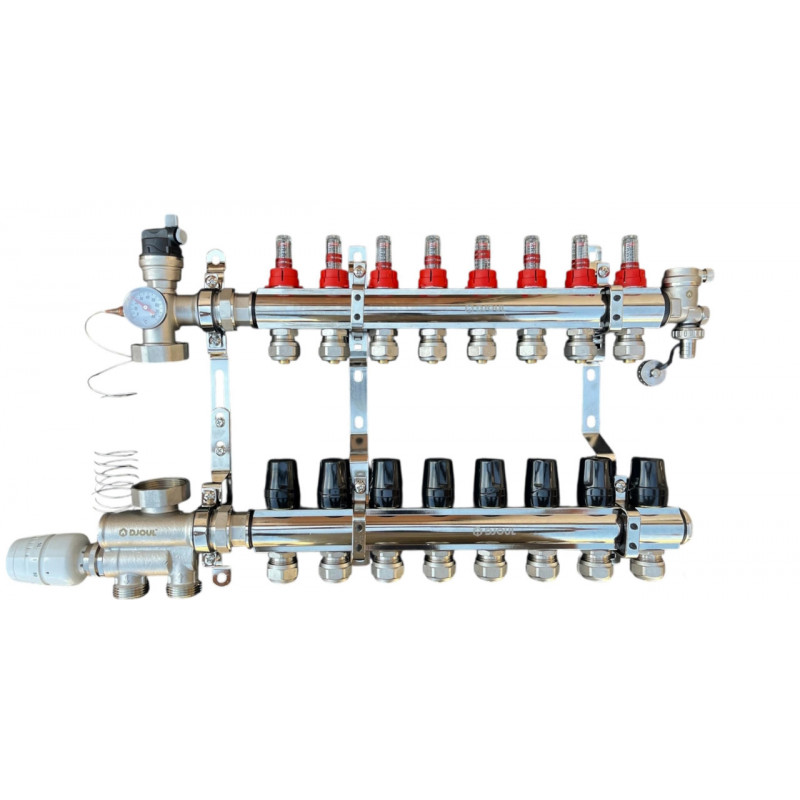 Колектор для теплої підлоги в зборі на 8 контурів з вузлом нижнього підключення (латунний), «DJOUL» Туреччина