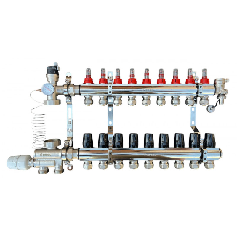 Колектор для теплої підлоги в зборі на 9 контурів з вузлом нижнього підключення (латунний), «DJOUL» Туреччина