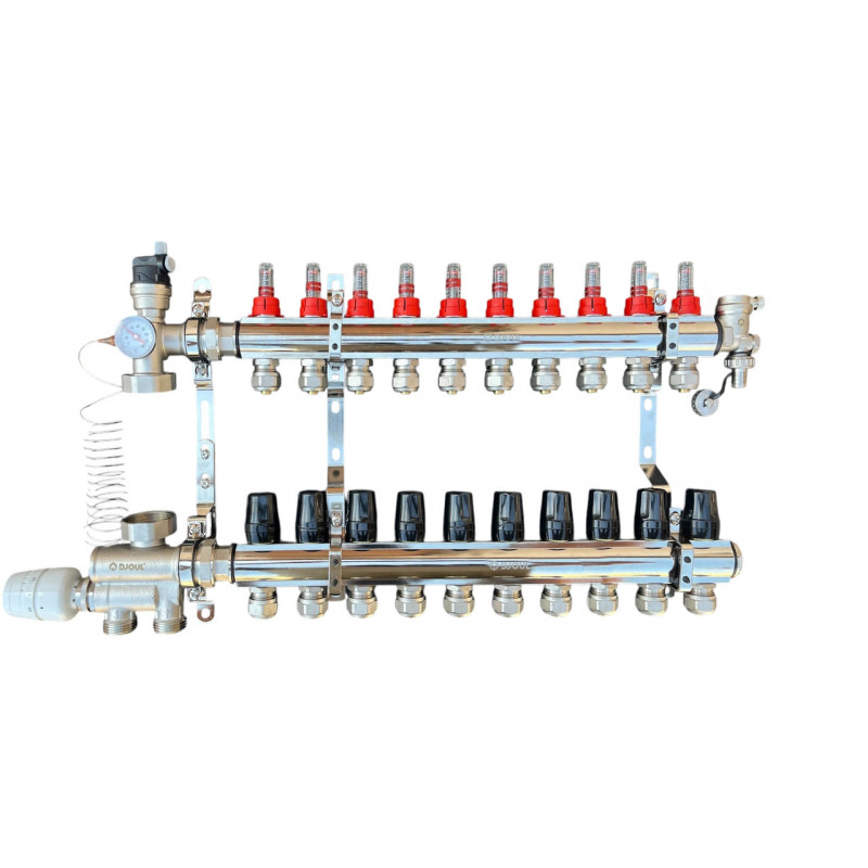 Колектор для теплої підлоги в зборі на 10 контурів з вузлом нижнього підключення (латунний), «DJOUL» Туреччина