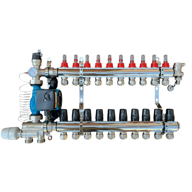 Колектор для теплої підлоги в зборі на 10 контурів з вузлом нижнього підключення (латунний), «DJOUL» Туреччина