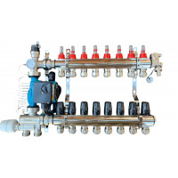 Колектор для теплої підлоги в зборі на 8 контурів з вузлом нижнього підключення (латунний), «DJOUL» Туреччина