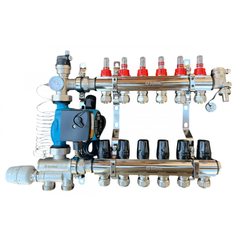 Колектор для теплої підлоги в зборі на 6 контурів з вузлом нижнього підключення (латунний), «DJOUL» Туреччина