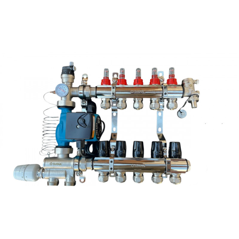 Колектор для теплої підлоги в зборі на 5 контурів з вузлом нижнього підключення (латунний), «DJOUL» Туреччина