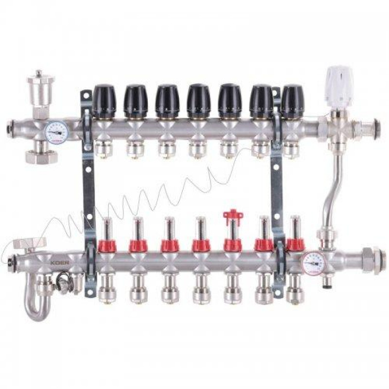 Колектор для теплої підлоги в складі на 7 контурів із триходовим клапаном і бойпасом, неіржавка сталь