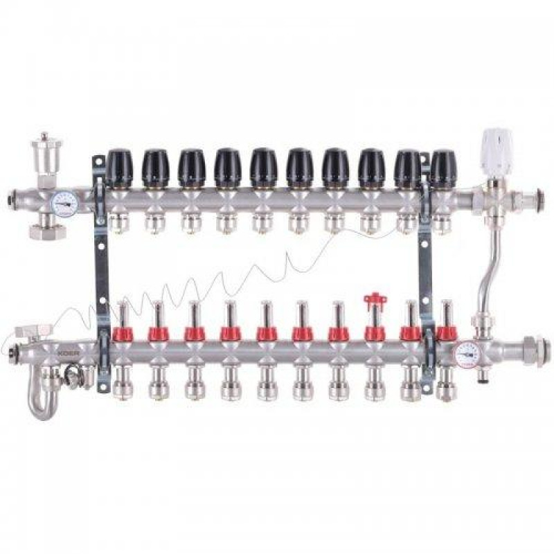 Колектор для теплої підлоги в складі на 10 контурів із триходовим клапаном і бойпасом, неіржавка сталь