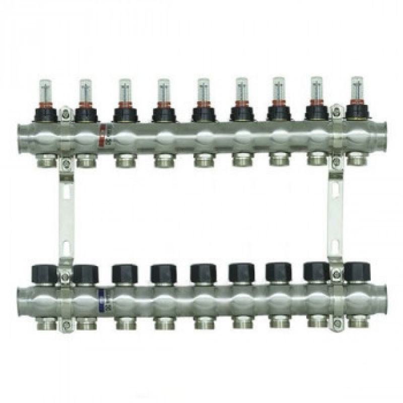 Колектор нержавіюча сталь "Raftec" на 9 контурів з витратомірами і євроконусом