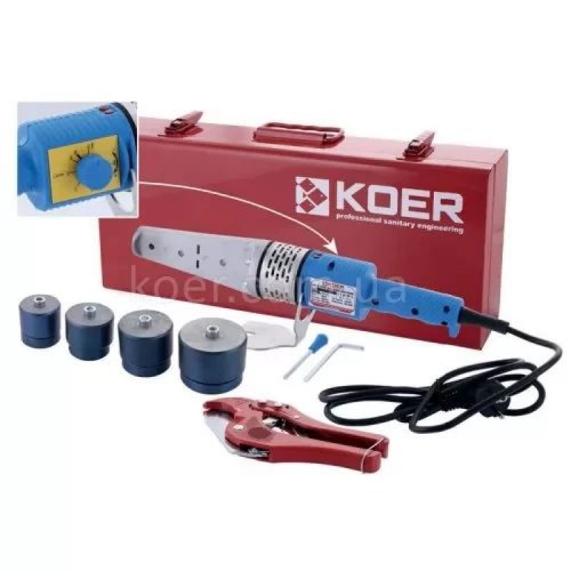 Паяльник Koer для пластикових / PP-R труб та фітінгу, 700 Вт (насадки 20-40 мм), ножиці, Чехія