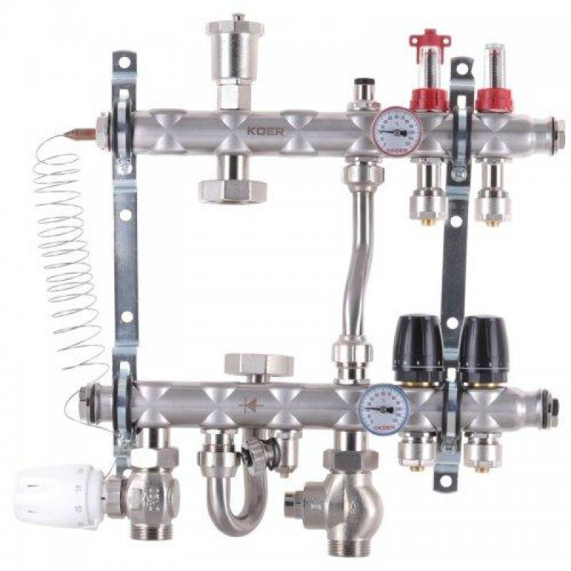 Колектор в зборі на 2 контури з нержавійки (SUS304) з євроконусами (3/4-16мм), НИЖНЄ підключення