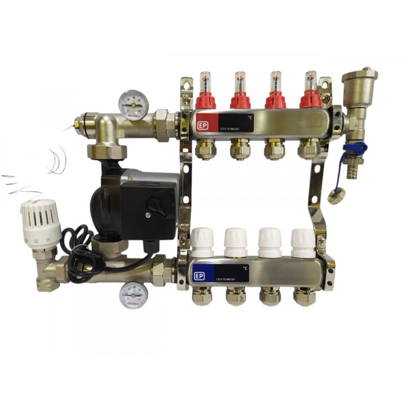 Колектор для теплої підлоги на 4 контури «Europroduct» в зборі з насосом, НЕРЖАВІЙКА