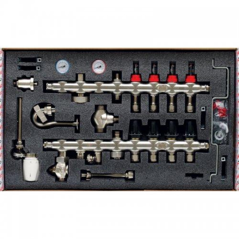 Колектор в зборі на 4 контури з нержавійки (SUS304) з євроконусами (3/4-16мм), НИЖНЄ підключення