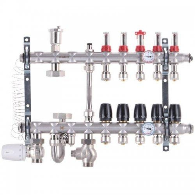 Колектор в зборі на 5 контурів з нержавійки (SUS304) з євроконусами (3/4-16мм), НИЖНЄ підключення