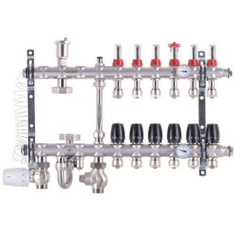 Колектор в зборі на 6 контурів з нержавійки (SUS304) з євроконусами (3/4-16мм), НИЖНЄ підключення