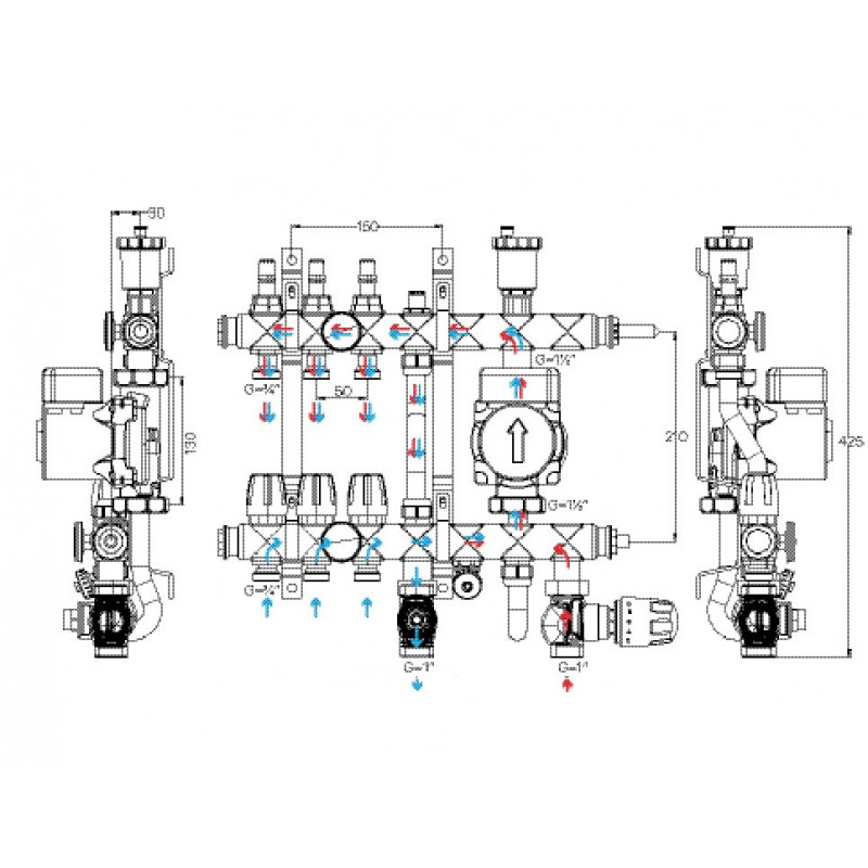 Колектор в зборі на 6 контурів з нержавійки (SUS304) з євроконусами (3/4-16мм), НИЖНЄ підключення