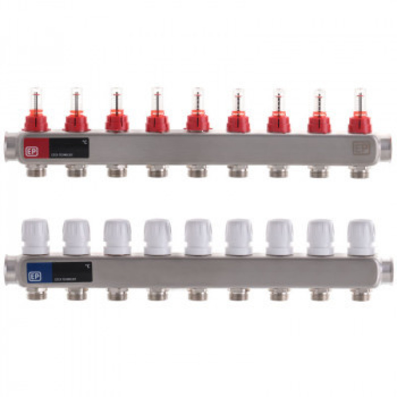 Колектор для теплої підлоги на 9 контурів у зборі, нижнє підключення, «Europroduct» НЕРЖАВІЙКА