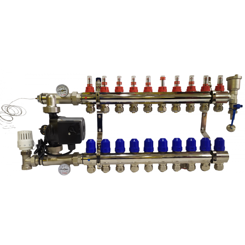 Колектор для теплої підлоги в складі на 10 контурів із насосом латунний "KOER"