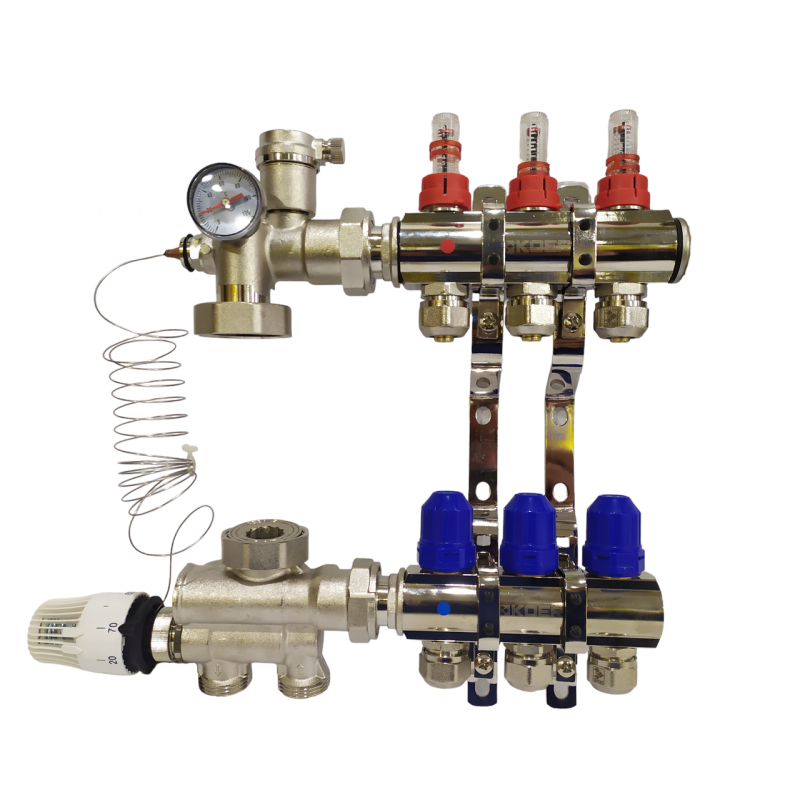 Колектор для теплої підлоги з нижнім під'єднанням у зборі на 3 контури "KOER" латунний.