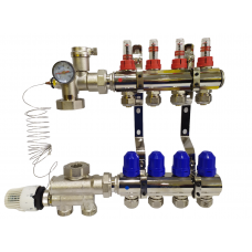 Колектор для теплої підлоги з нижнім під'єднанням у зборі на 4 контури "KOER" латунний.