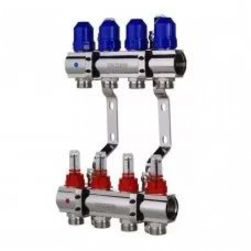 Колектор для теплої підлоги з нижнім під'єднанням у зборі на 4 контури "KOER" латунний.