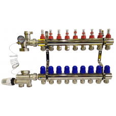 Колектор для теплої підлоги з нижнім під'єднанням у зборі на 9 контурів "KOER" латунний.