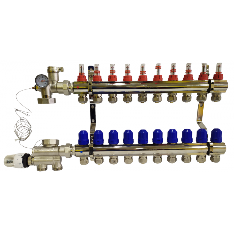 Колектор для теплої підлоги з нижнім під'єднанням у зборі на 10 контурів "KOER" латунний.