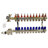 Колектор для теплої підлоги з нижнім під'єднанням у зборі на 11 контурів "KOER" латунний.