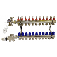 Колектор для теплої підлоги з нижнім під'єднанням у зборі на 11 контурів "KOER" латунний.