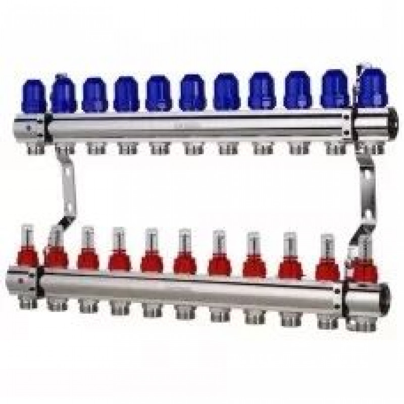 Колектор для теплої підлоги з нижнім під'єднанням у зборі на 11 контурів "KOER" латунний.